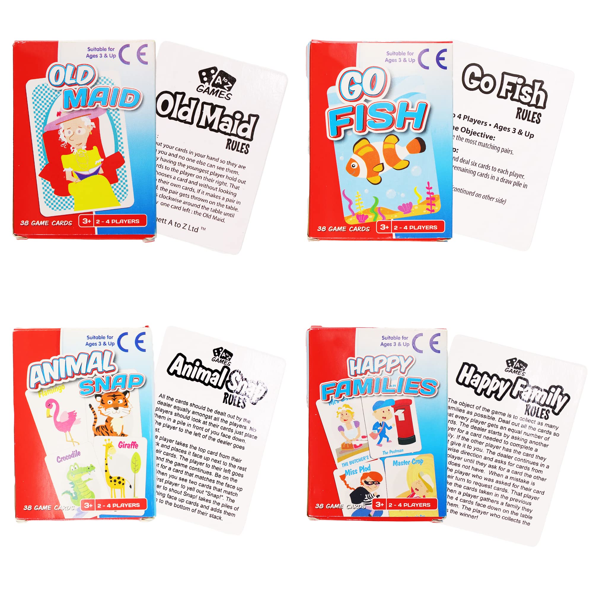 4 Classic Snap Card Game Decks, Cute Design Styles, Go Fish, Old Maid, Animal Snap and Happy Families, Matching Pairs Game, Great Memory Boosting Activity and Ideal Screen Free Fun (4 Card Games)