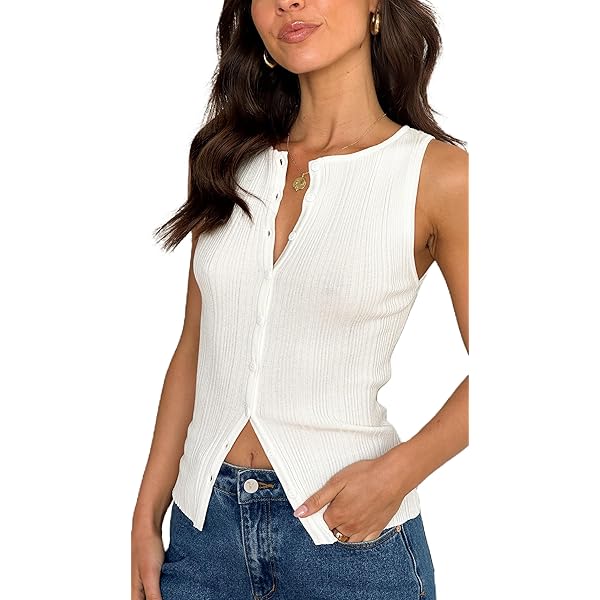 Ainangua Women's Ribbed Knit Sweater Vest - Sleeveless Button Down Cardigan, Casual Cropped Top For Summer