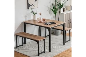 NAFORT 3-Piece Dining Table Set for 4, 43.5" Modern Kitchen Table Set w/2 Benches & Metal Frame, Space Saving Dining Room Table Set with MDF Wood Board, Ideal for Home, Restaurant, etc.