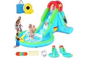 Whubefy Water Slide, Inflatable Water Slide Park Bounce House for Kids 3-6 with Blower, Inflatable Pool, Sprinkler, Inflatable Penguin Dolls, Blow up Water Slides for Kids Backyard Outdoor Party Gift