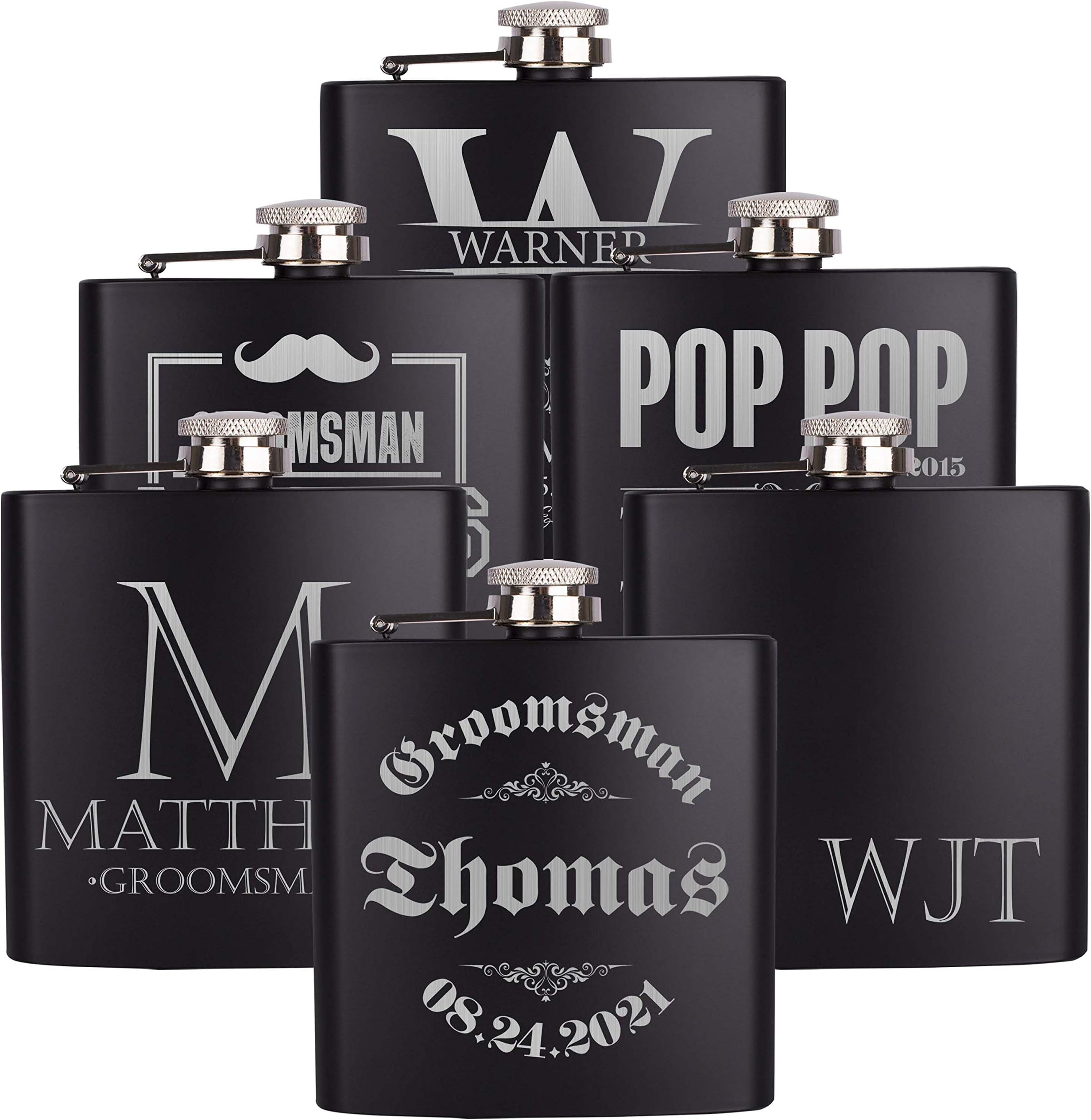 PersonalizedGiftLand Personalized Flask, Set Of 3 - Customized Flask Groomsmen Gifts For Wedding Favors, Personalized Groomsman gift – Stainless Steel Engraves Flasks w Gift Box Options – 6oz, Black