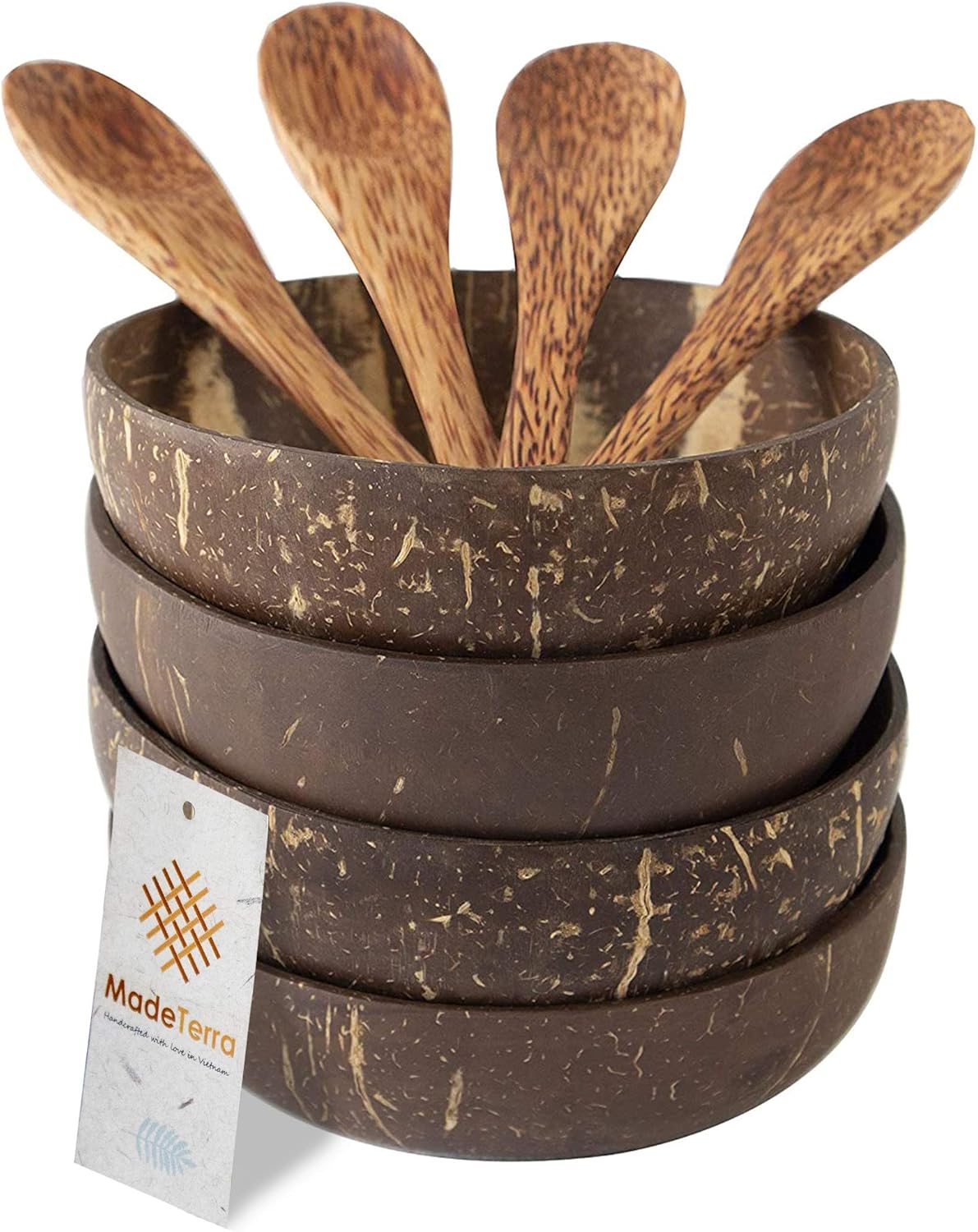 Coconut Bowls And Wooden Spoon Set | Vegan Organic Salad Smoothie Buddha Acai Bowl for Kitchen, Dining and Decoration (4): Kitchen & Dining