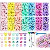 Wavlakth 1460 Pcs Hair Beads for Braids Girls, Acrylic Heart Star Pony Bead Mouse Head Pastel Beads with Elastic Rubber Band Threaders Cute Kandi Fun Beading Kit for Hair Bracelets Jewelry Making