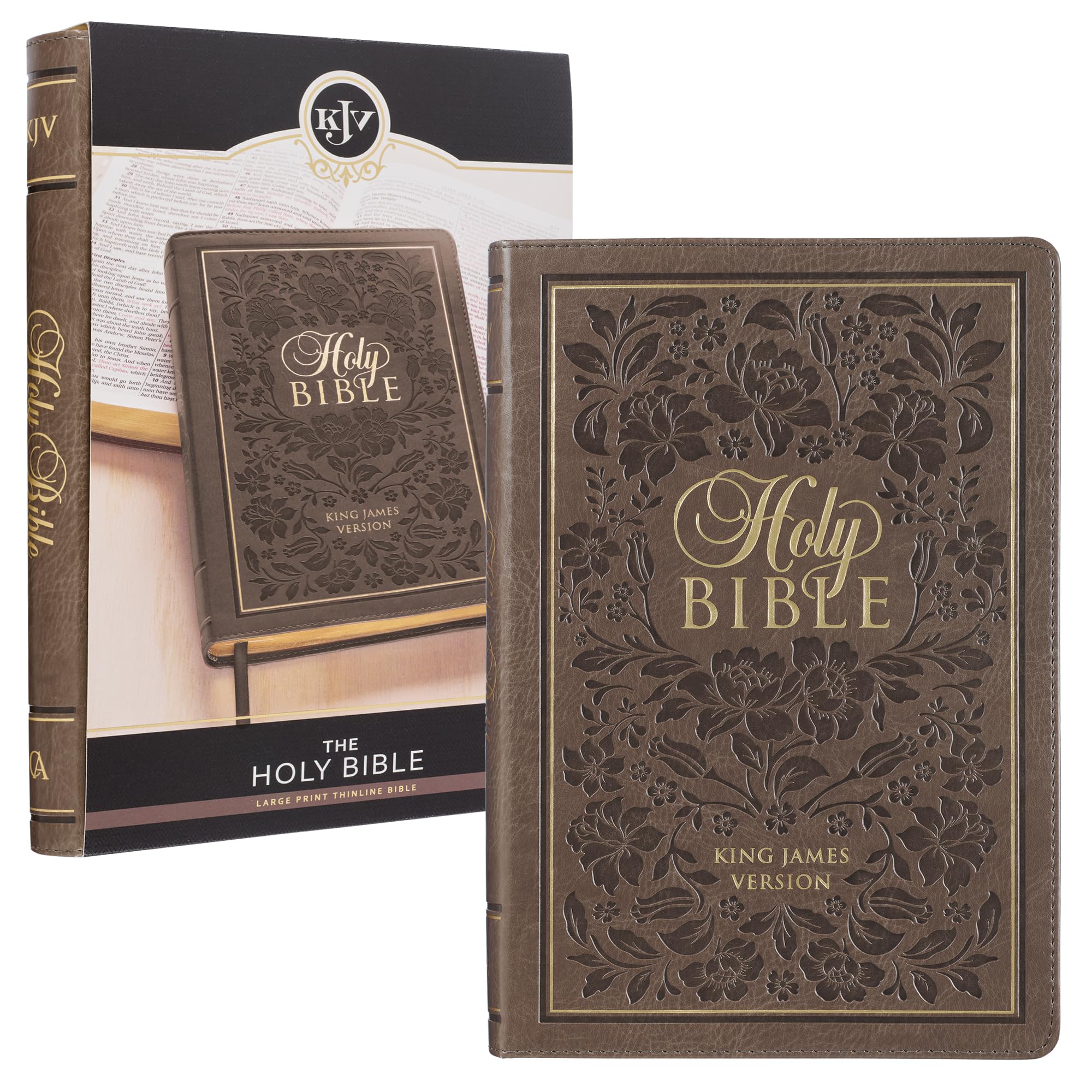 KJV Holy Bible, Thinline Large Print Faux Leather Red Letter Edition Thumb Index & Ribbon Marker, King James Version, Dark Taupe Floral
