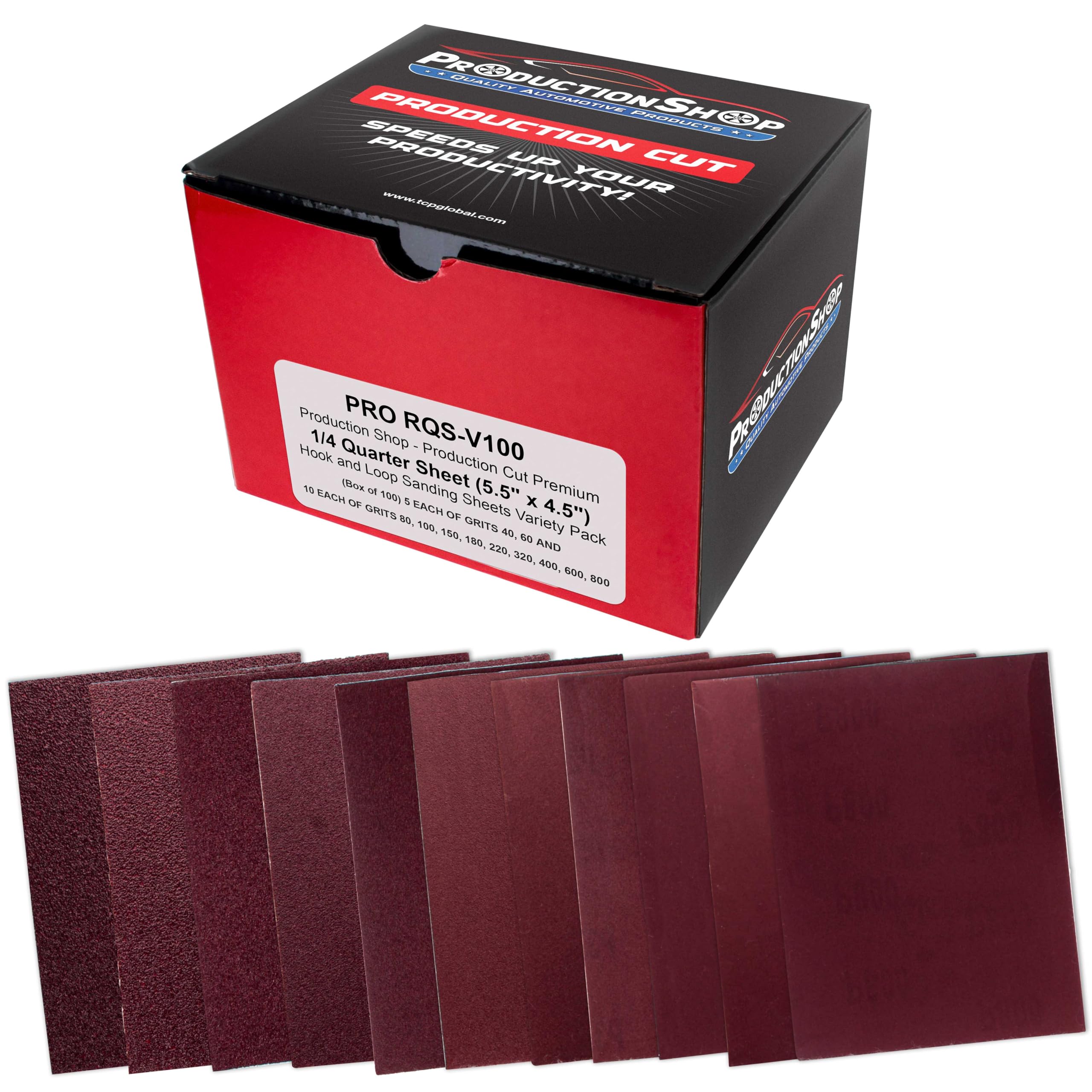 Photo 1 of ProductionShop Premium 1/4 Sheet Size Red Sanding Sheets, 100 Sheet Variety Pack, Grits 40, 60, 80, 100, 150, 180, 220, 320, 400, 600, 800 - Hook & Loop Backing Sandpaper, Palm Sanders Sanding Block