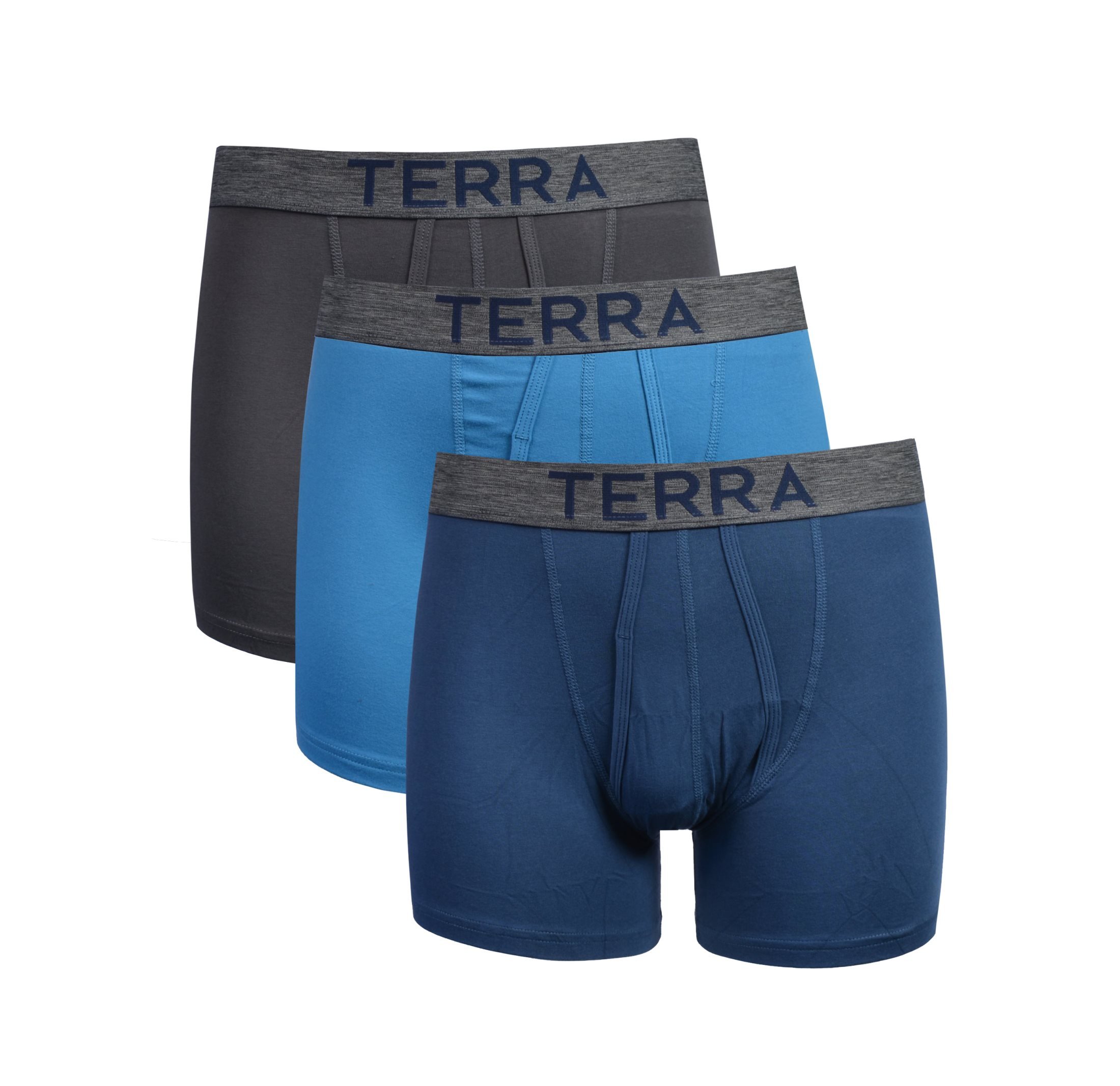Terra Men\'s Cotton Classic Stretch Boxer Brief, Assorted Underwear, 3-Pack, Black/Grey Light Blue/Grey Dark Blue/Grey, X-Large