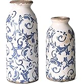 VICTOR & TERESA Blue and White Ceramic Vases Home Decor, Farmhouse Vase for Flowers, Flower Vase Set of 2, Rustic Decorative Vases for Pampas Grass, Table, Living Room, Shelf, Centerpieces, 8 inch