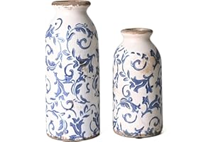 VICTOR & TERESA Blue and White Ceramic Vases Home Decor, Farmhouse Vase for Flowers, Flower Vase Set of 2, Rustic Decorative Vases for Pampas Grass, Table, Living Room, Shelf, Centerpieces, 8 inch