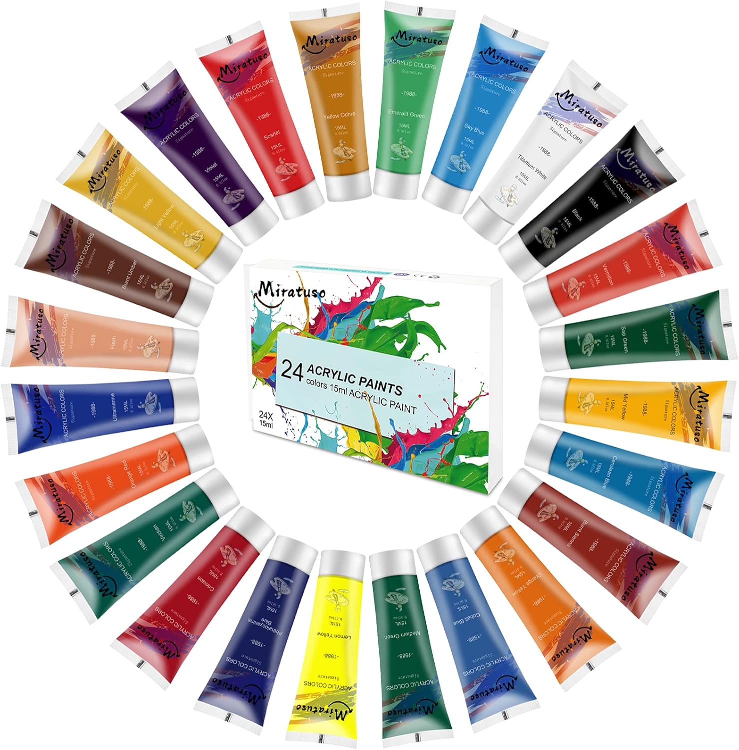 Miratuso Acrylic Paint Set 24 Colors with White Acrylic Paint Non Toxic Art Craft Paint Waterproof Painting Supplies for Rocks Canvas Glass Wood Gift for Kids Hobbyist Artist 0.5oz/15ml: Home Improvement