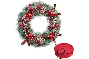 EIGHTOWN 20" Artificial Christmas Wreath for Front Door with Storage Bag - Xmas Wreath Decorations Large Outdoor Wreath with Red Ball, Berry, Pine Needles, Pinecone (Green and Red)