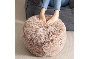 HIGOGOGO Round Stuffed Pouf Ottoman, Long Faux Fur Poufs with Foam Chunk Filling, Fluffy and Furry Pouf Foot Stool Storage Ottoman, 20 X 15 Floor Poufs Foot Rest for Living Room, Snow Coffee