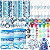 Blosssound 134 Pcs Winter Gift Bags Stuffers Winter Snowflake Theme Slap Bracelets Mochi Balls Stampers Badges Keychains Stickers Bags for Holiday Goodie Bags Items Classroom Rewards