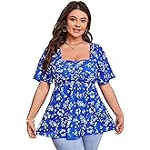 ShopWonder Women Plus Size Sweetheart Neck Tunic Tops Short Sleeves Pleated Peplum Babydoll Casual Blouse T shirts