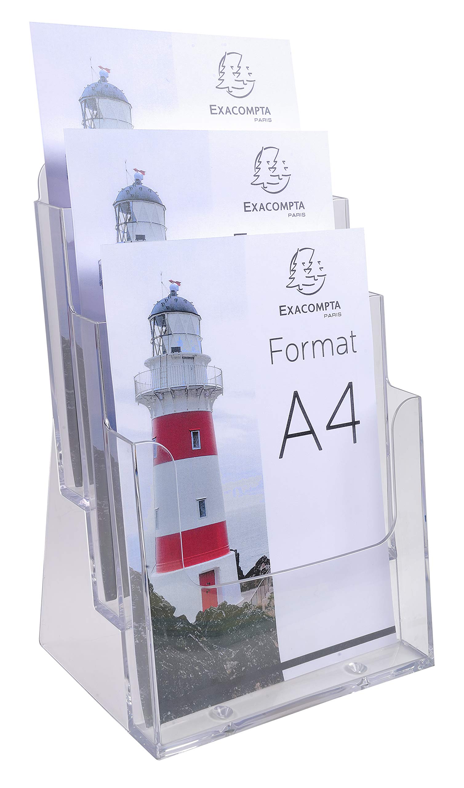 Exacompta - Ref. 74158D - Set of 4 flyer dispensers on table - 3 compartments - Monobloc - Dimensions: Prof. 15.5 x W. 23.7 x H. 33.9 cm - Format to file A4 - Crystal