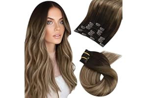 Moresoo Clip in Hair Extensions Real Human Hair Balayage Human Hair Clip in Extensions Ombre Dark Brown to Golden Brown with Dark Ash Blonde Hair Extensions for Women 7Pcs 120G 18inch