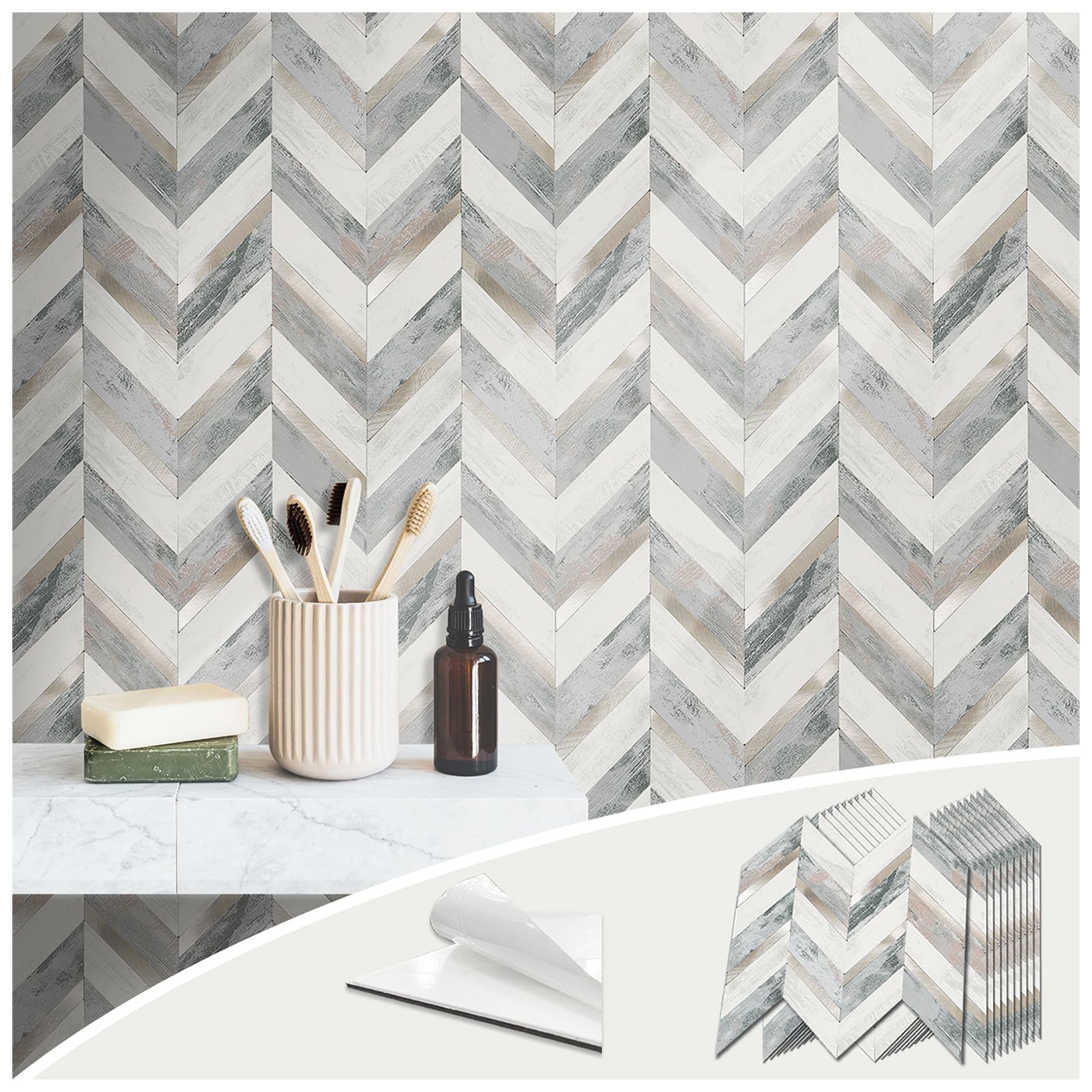 Photo 1 of ROOMOSA 10 Sheet Peel and Stick Backsplash for Kitchen, Self-Adhesive Wall Tile, Chevron PVC Mixed Brushed Metal Mosaic, Classic Mottled Texture