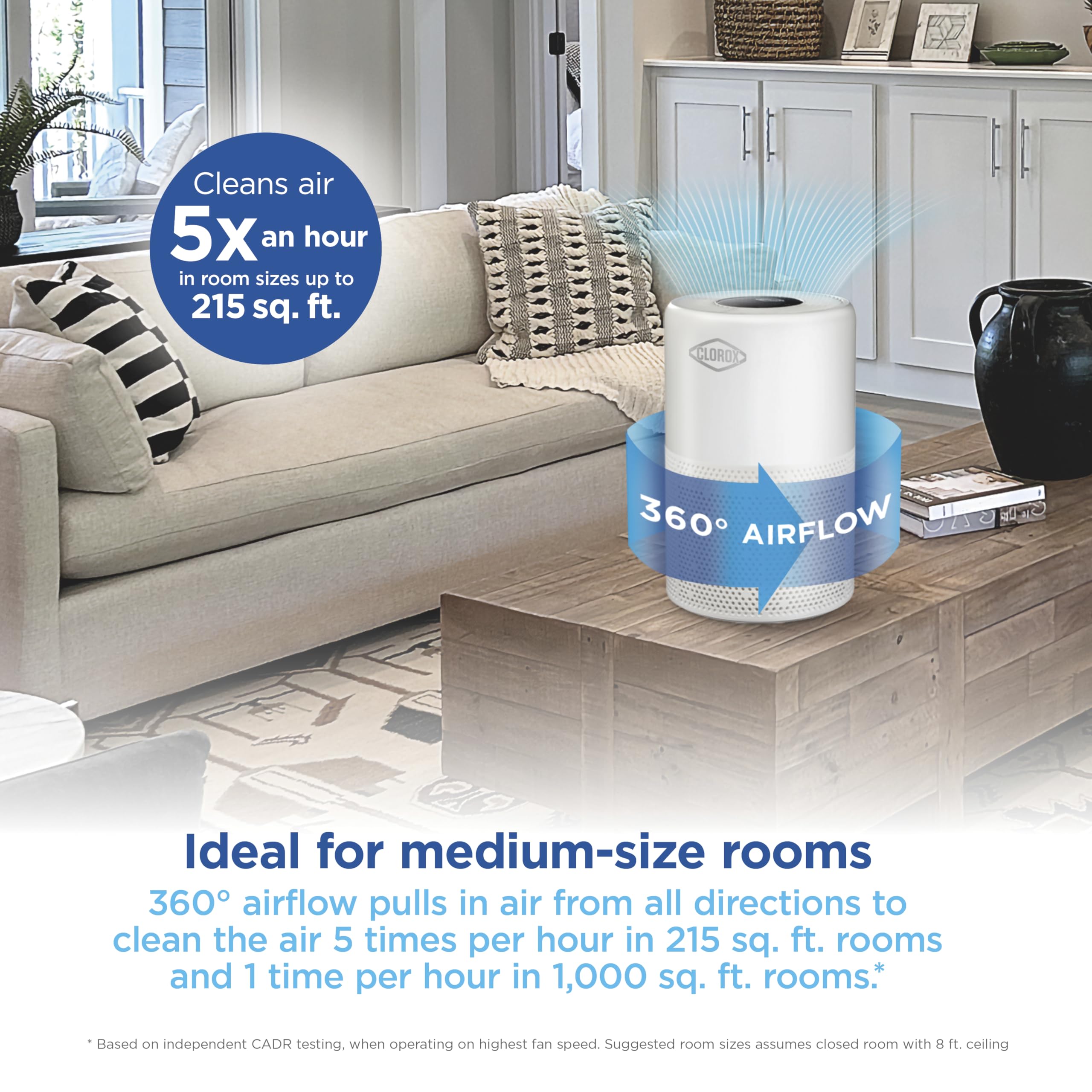 Clorox Turbo Air Purifiers for Home, True HEPA Filter, Quickly Cleans Medium Rooms Up to 1,000 Sq Ft, Reduces 99.9% of Mold, Viruses, Wildfire Smoke, Allergens, Pet Allergies, Dust, Whisper Quiet