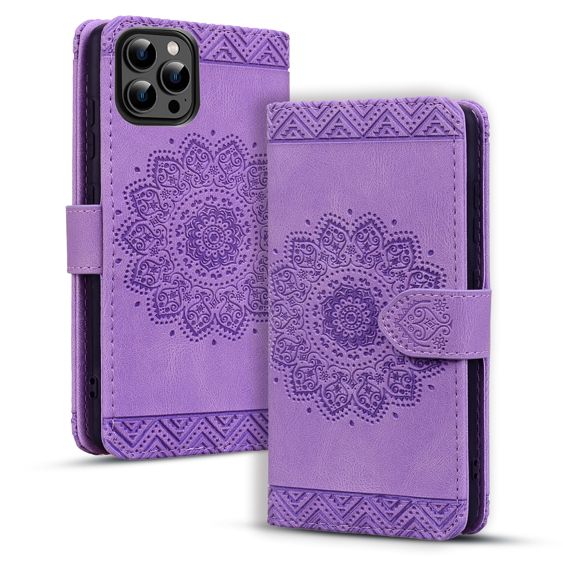Rosbtib Case for iPhone 16 Pro Case Mandala Embossed Leather Case with Magnetic Closure Stand Function Card Slots Cover for iPhone 16 Pro 6.3 inch 2024 - Purple