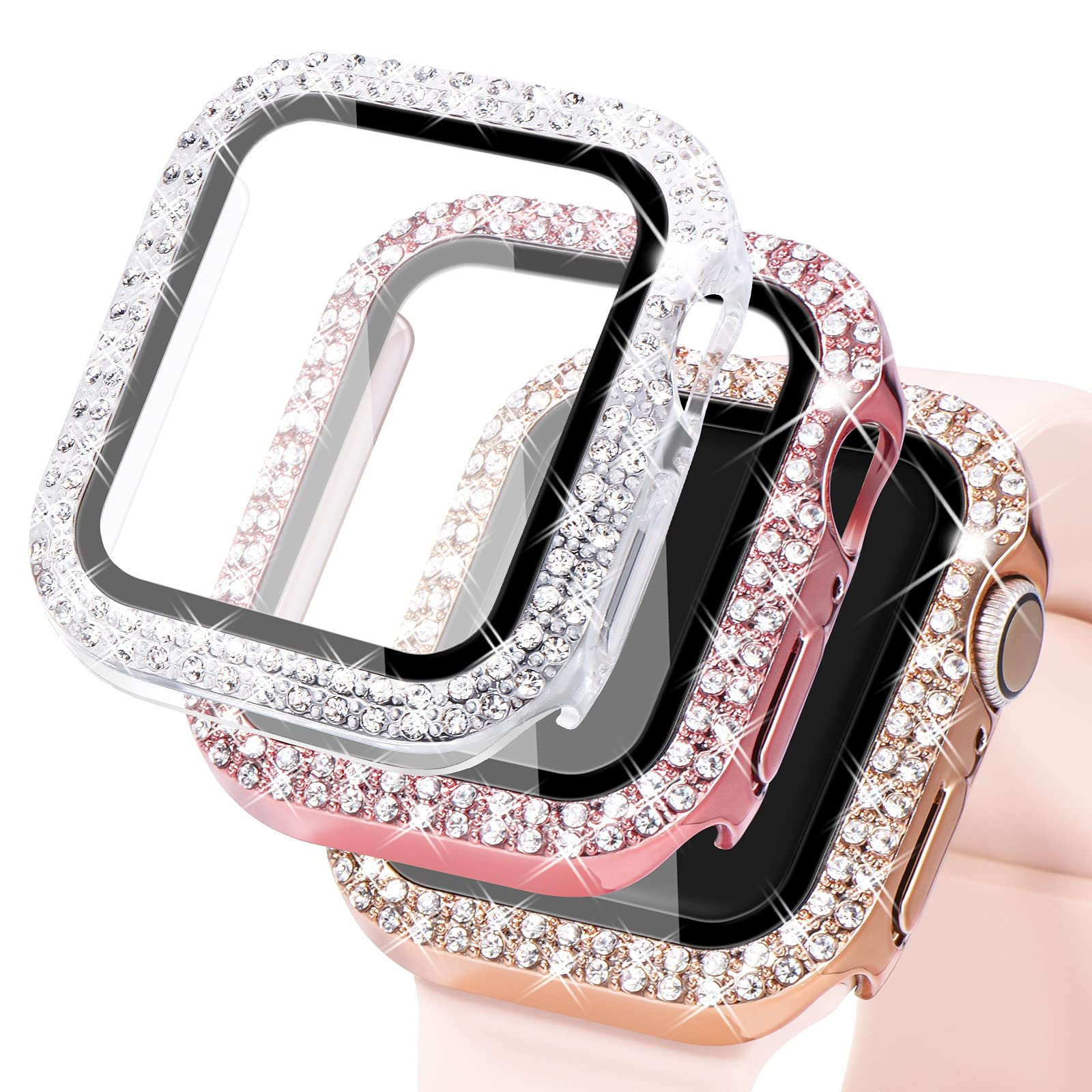 WINGLE Compatible with Apple Watch Screen Protector 38mm Series 3 2 1, Women Shiny Diamond Cover with Tempered Glass Screen Protector for apple watch Case 38mm, Rose Gold/Pink/Clear
