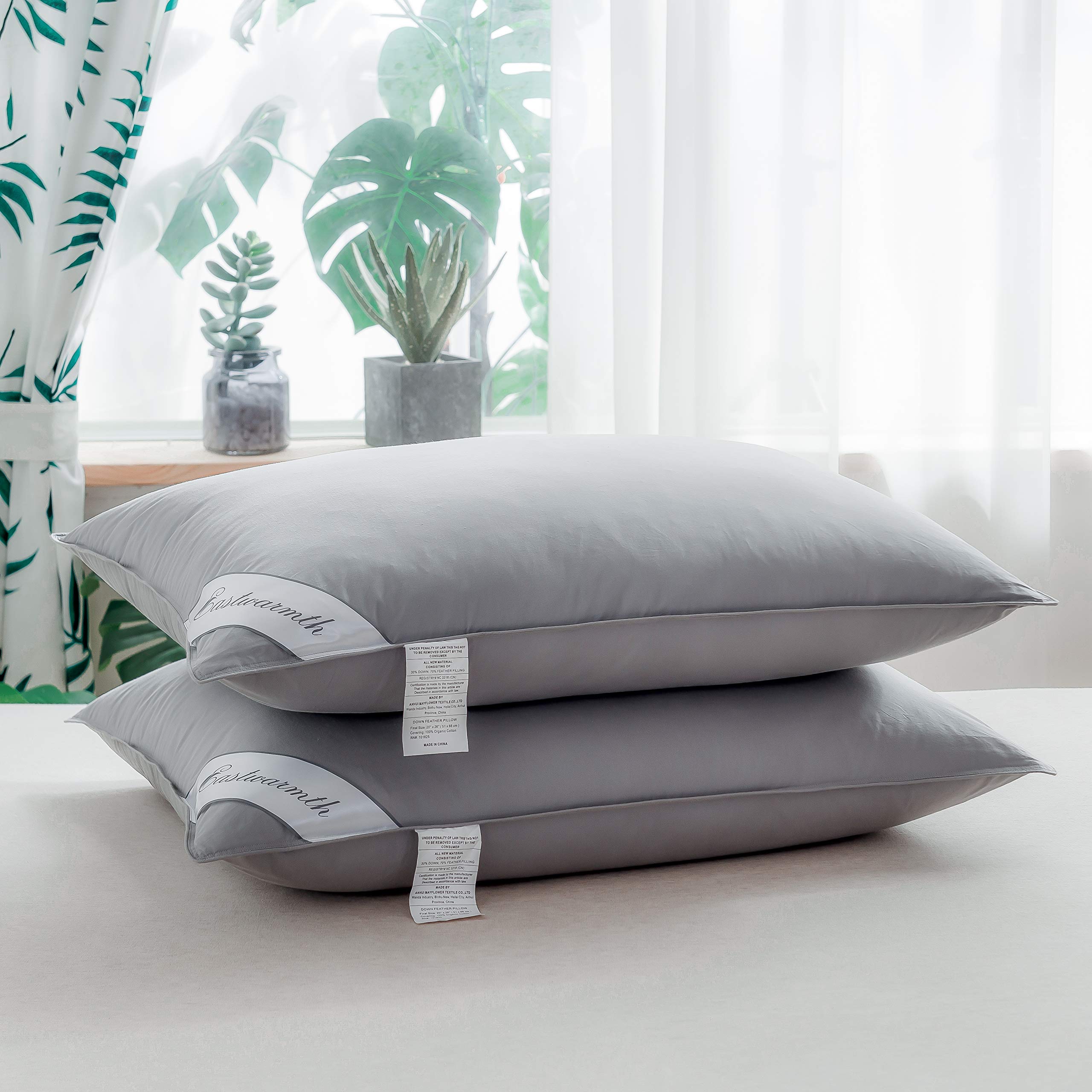 Eastwarmth Goose Down & Feather Pair Pillows Soft Insert for Side and Back Sleepers Grey Color, Set of 2 100% Organic Cotton Standard 20x26in