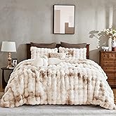 Wonderful 3 Pieces Fluffy Faux Rabbit Fur Bubble Comforter Set Queen Size, Tie-Dyeing Beige Plush Fuzzy Bedding Set, Warm Soft Bubble Comforter Bedding Set for Winter