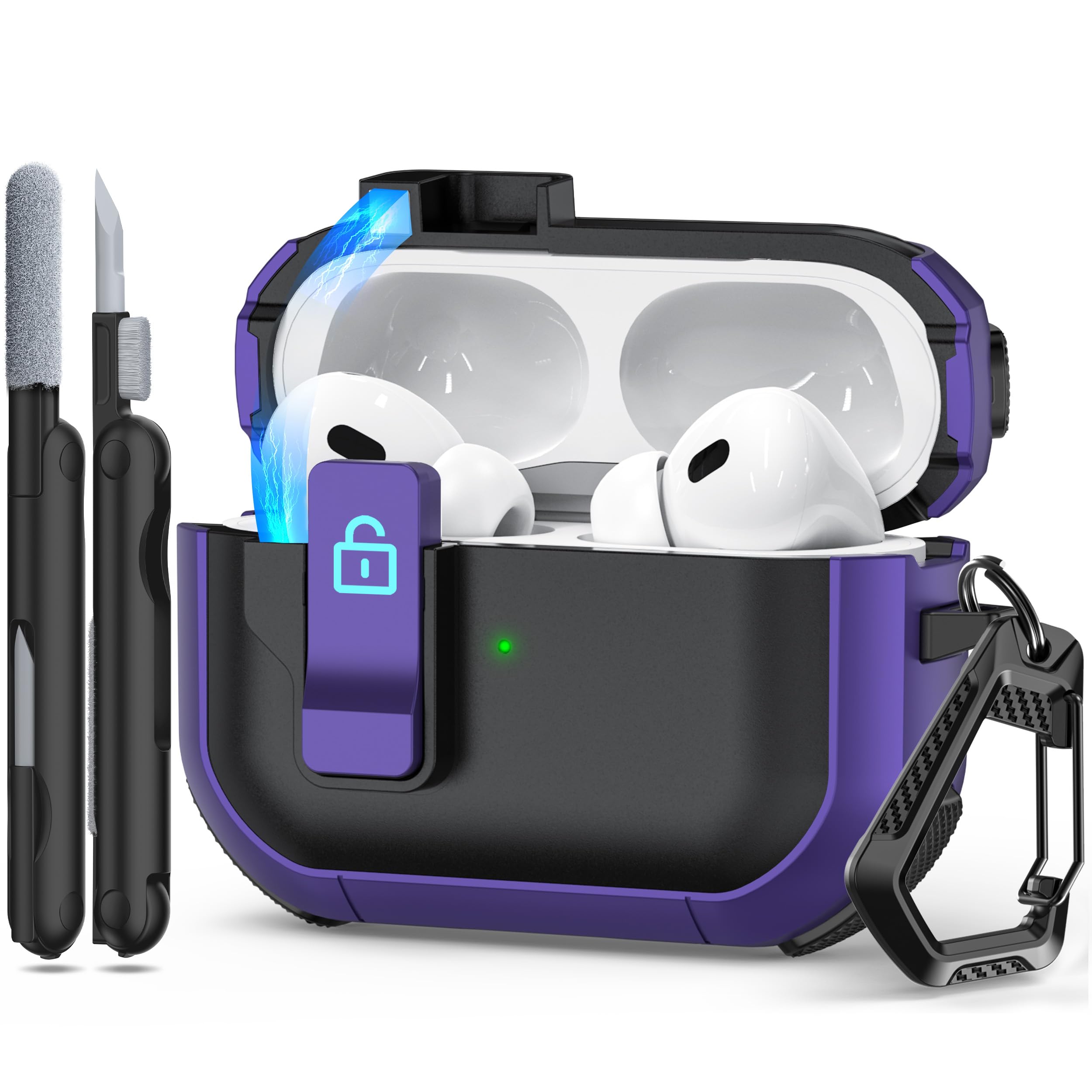 Photo 1 of RFUNGUANGO AirPods Pro Case Cover with Secure Lock Clip, Automatic Pop-up, Full-Body Shockproof Hard Protective Cover for AirPods Pro 2/1/Gen E-Black+Purple