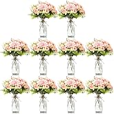 Reallnaive 30 Pack Artificial Flowers Table Centerpieces Decorations with Vase Wedding Mason Jar 20 Bundles Silk Floral Bouquet 10 Clear Vase with 1 Pcs Rope for Party Decor(Dahlia,Pink)