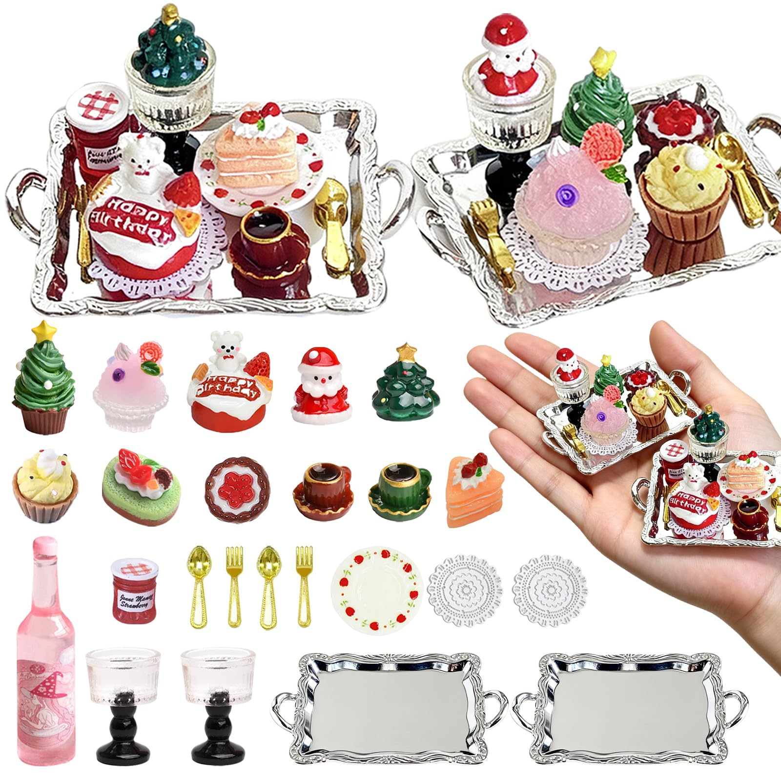 BQLYblink 24-Piece Miniature Christmas Dinner Accessory Set, 1/12 Miniature Food Dollhouse Accessories, Miniature Christmas Sweets and Drinking Set with Santa, Christmas Tree