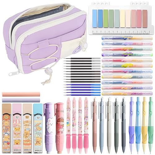 Zhwidnerso 50 Pcs Aesthetic Stationery Supplies with Large Pencil Case, Pencil Case with Stationery Included for Students, 12 Pastel Highlighters, 5 Gel Pens, 4 Erasable Pens, 4 Mechanical Pencils