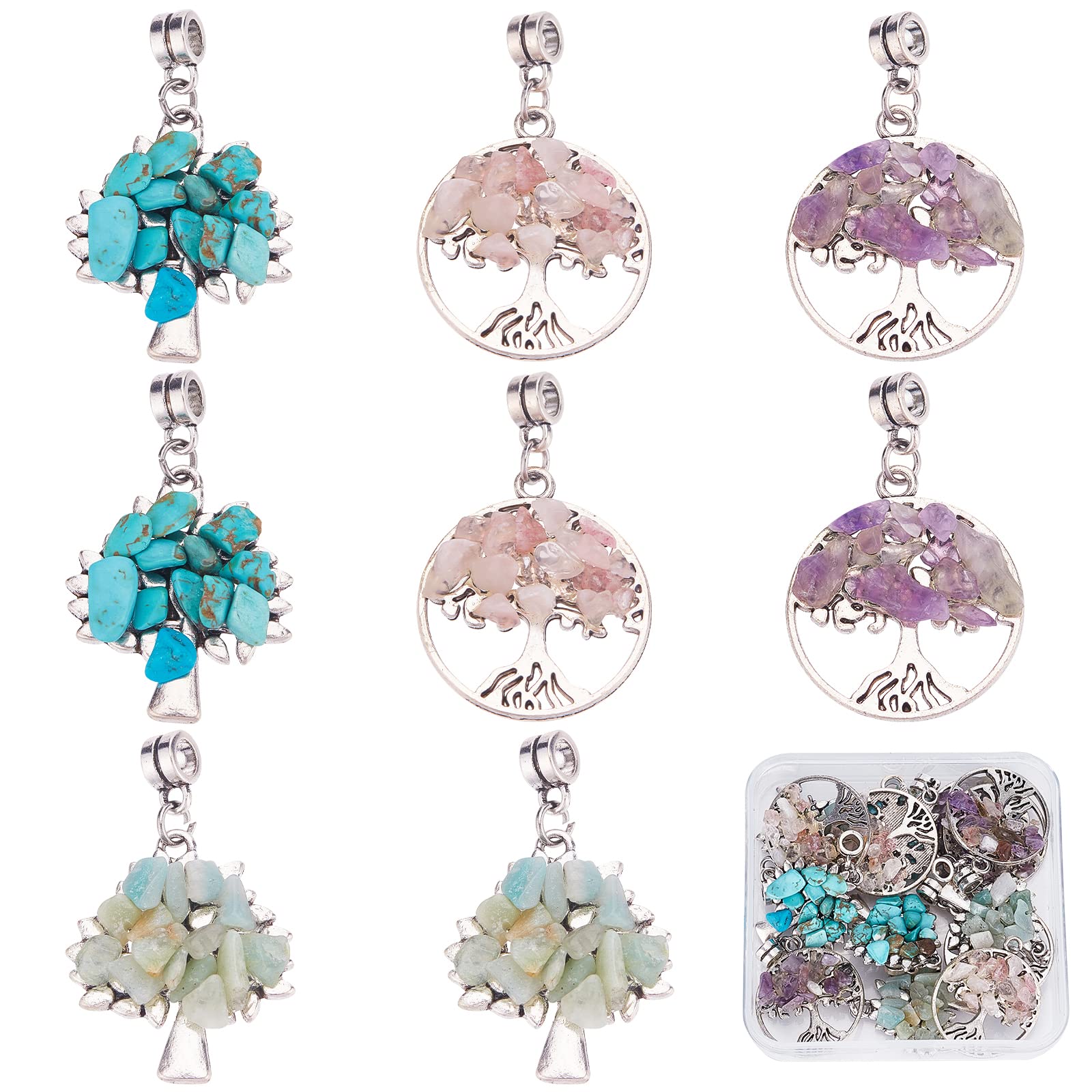 SUNNYCLUE 1 Box 16Pcs 4 Styles Tree of Life Crystal Charm Silver Flat Round Plant Tree Charms Bulk Amazonite Amethyst Rose Quartz Turquoise Chips Natural Gemstones for Jewellery Making Charms DIY