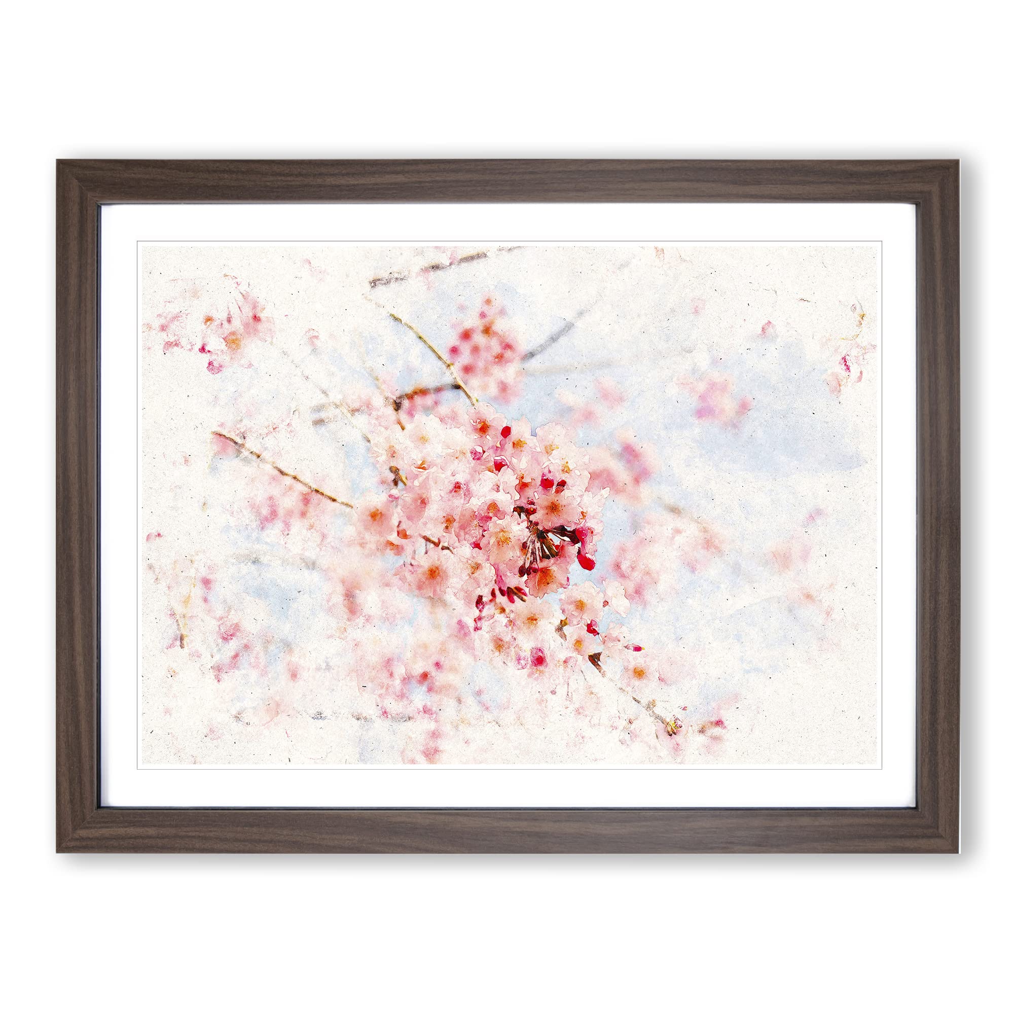 Pink Cherry Blossom Flowers Vol.9 Watercolour Modern Framed Wall Art Print, Ready to Hang Picture for Living Room Bedroom Home Office Décor, Walnut A3 (46 x 34 cm)