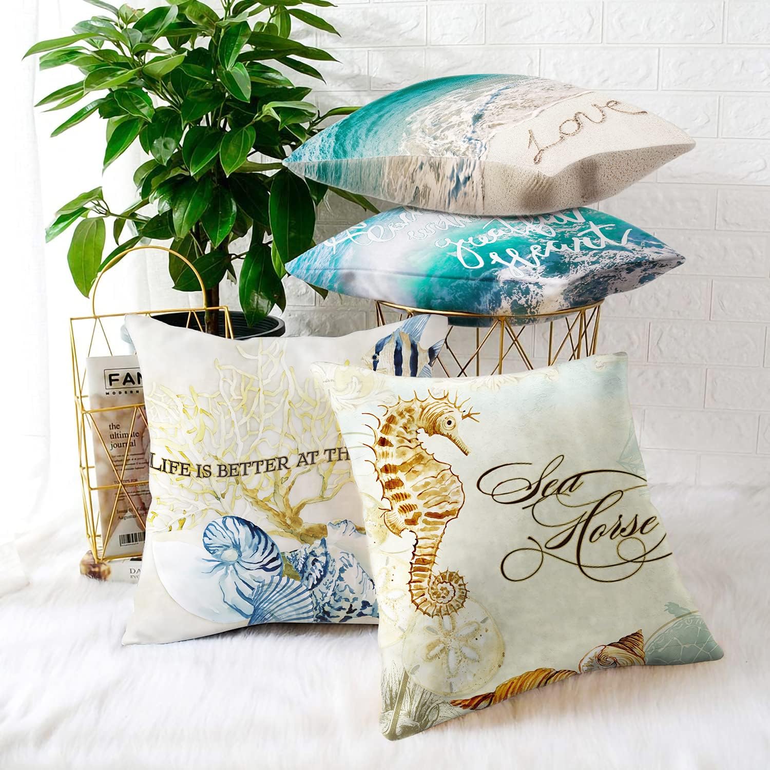 Beach Throw Pillow Covers Outdoor Decorative Sea Coastal Theme Decor Cushion Square Pillowcase Decorative Pillows for Living Room Bed Sofa and Car Throw Pillow Covers 18x18 Inch Set of 4 Blue: Home & Kitchen