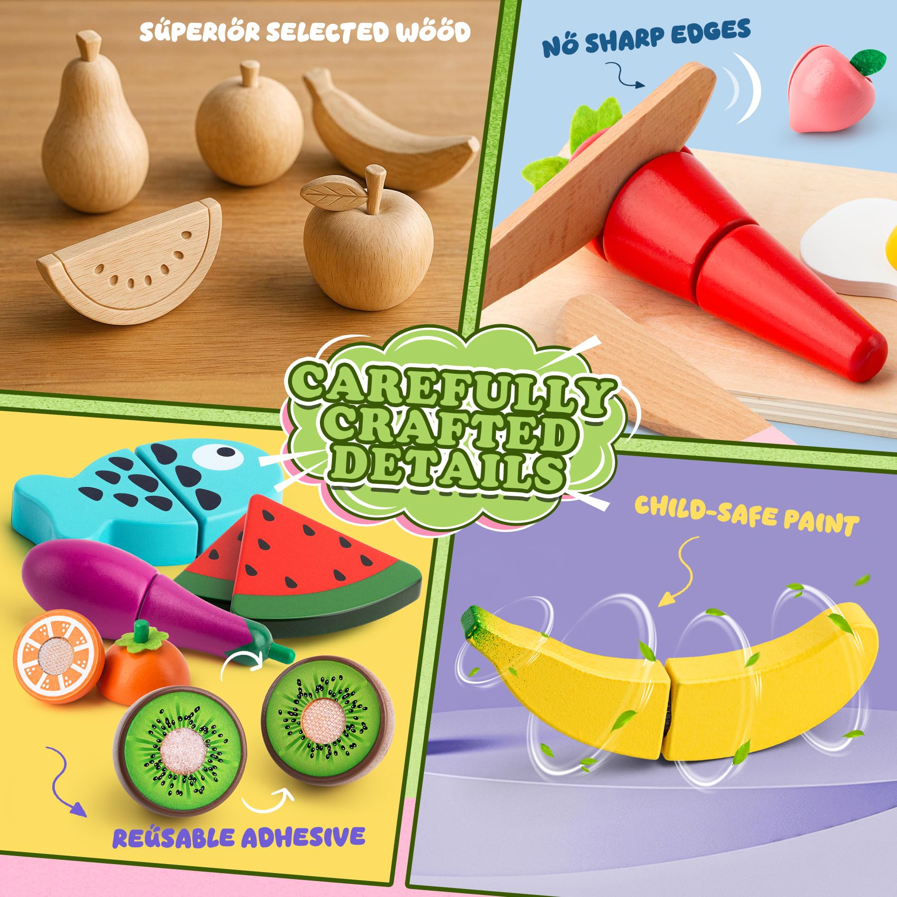 BunnyJOY Kinderküche Zubehor Holz, Spielküche Zubehor, Kaufladen Zubehör, Küchenspielzeug Holz, Küchenzubehor Kinder, Lebensmittel Spielzeug, Schneideset Obst Gemuese, 26 Stück 6