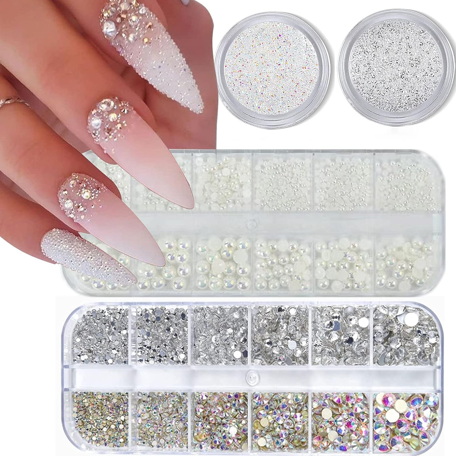 4 Boxes Nail Art Rhinestones Pearl Crystals Beads Flatback Clear AB Nail Gems for Acrylic Nails Crystals Supplies Half Round Design Diamonds Nail Accessories for DIY Craft Kit