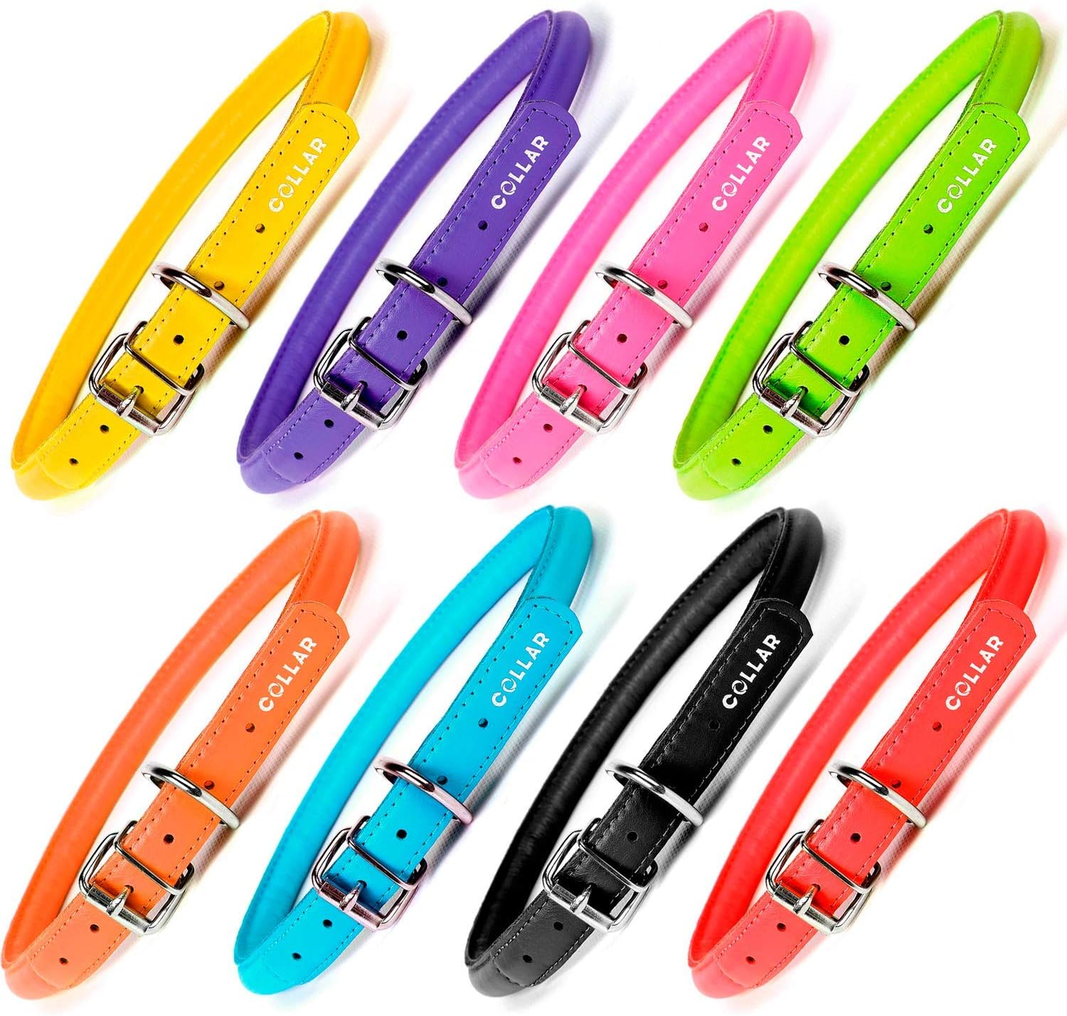 Rolled Leather Dog Collars for Medium Dogs Small Large - Red Black Purple Blue Orange Green Pink Rolled Leather Dog Collar - Leather Cat Collar - PLUS