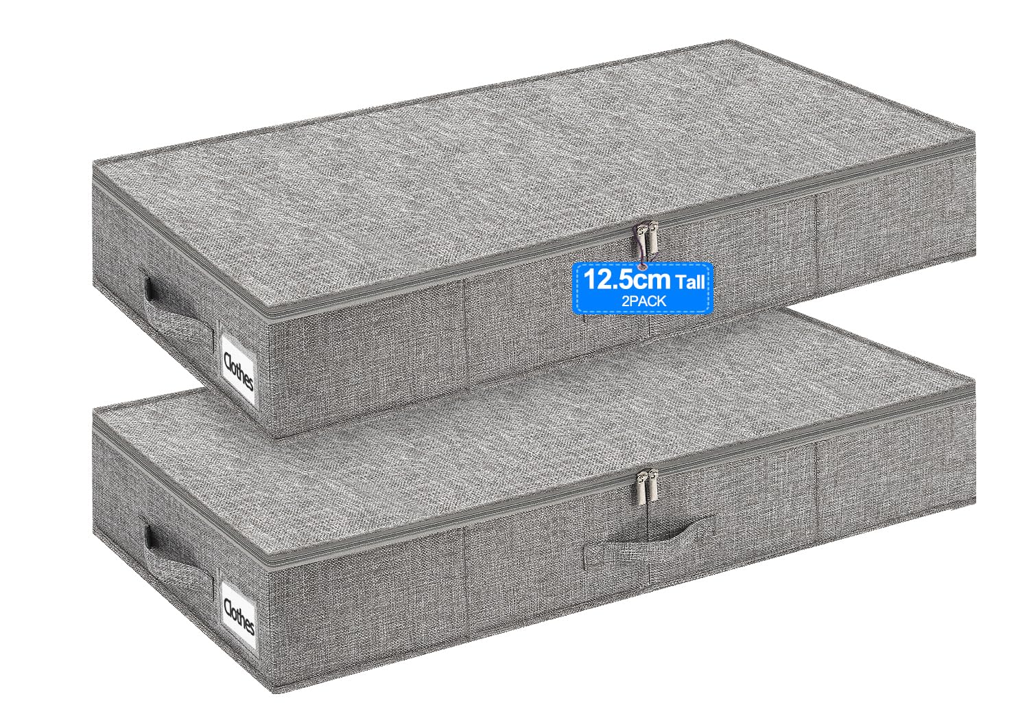 Huquter 40L 12 cm Tall Shallow Under Bed & Sofa Storage Boxes with Zipped Lids, Slim Underbed Organisers w/Sturdy Sides and Base, Thin Fabric Storage for Clothes, Duvets and Bedding, 2 Pack, Grey