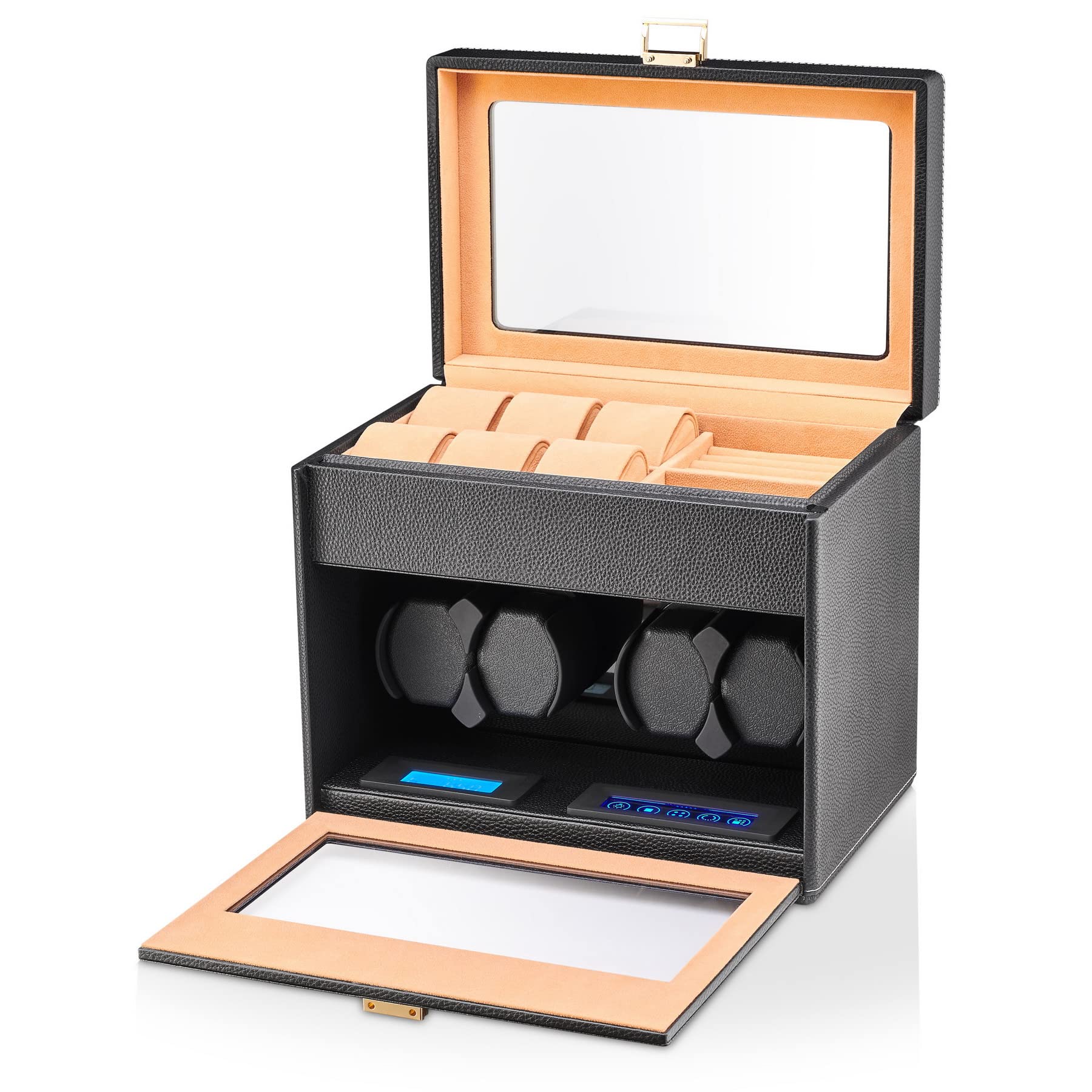 4 Watch Winder with 6 Storage Slots, Jewelry Organizer and LED Interior Light