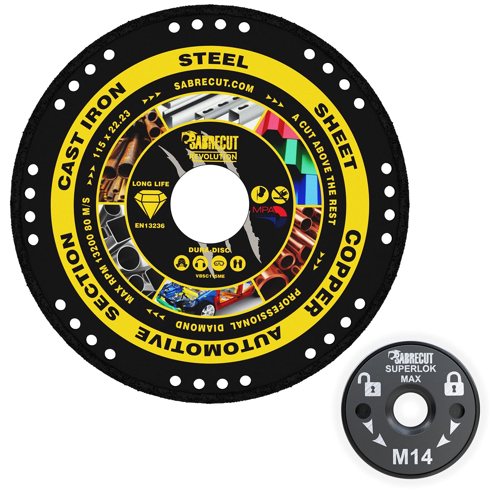 SabreCut VB115MEGRA 115mm (4.5 inch) x 22.23mm Bore Vacuum Brazed Metal Cutting Angle Grinder Diamond Disc Blade and 46mm M14 Quick Change Heavy Duty Grinder Locking Retaining Flange Nut Kit