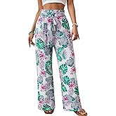 ECOWISH Wide Leg Pants for Women Summer 2026 Palazzo Tropical Floral Casual High Waist Flared Trousers with Pockets