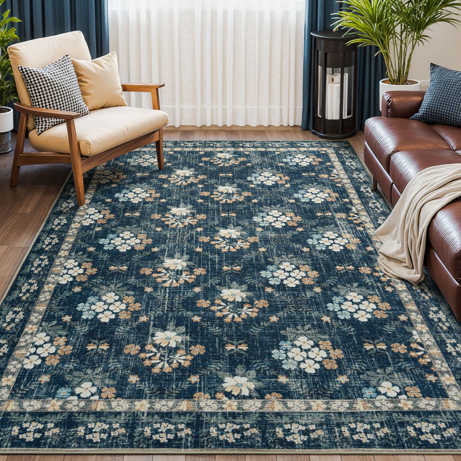 Photo 1 of Lessymo Dining Room Rugs for Under Table, 6x9 Washable Area Rug for Living Room, Low Pile Non-Slip Floor Carpet for Bedroom, Stain Resistance Vintage Floral Design Décor, Navy/Beige