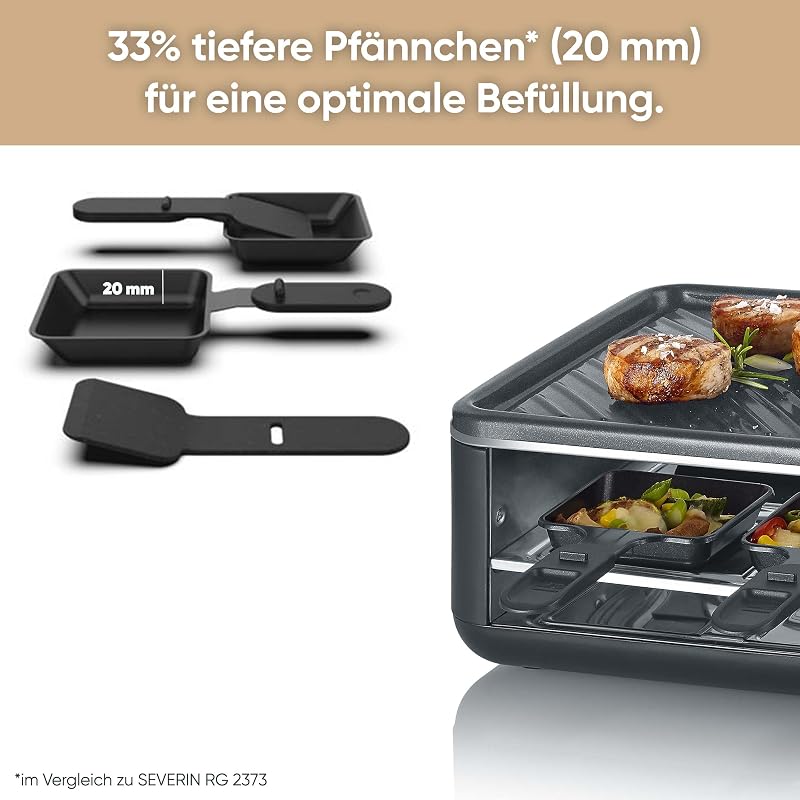 Raclette-Grill für 8 Personen, Naturgrillstein & antihaftbeschichtete-Grillplatte, Tischgrill mit extra tiefen Pfännchen, spülmaschinengeeignet, Black Line, RG 2366