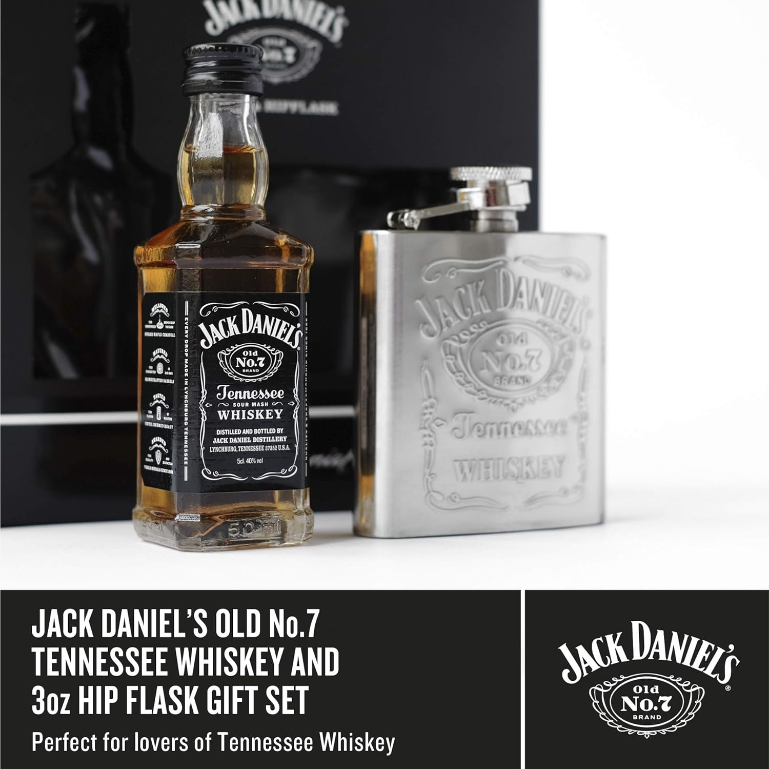 Jack Daniel's Whiskey 5cl Miniature and Hip Flask, Black - Image 4