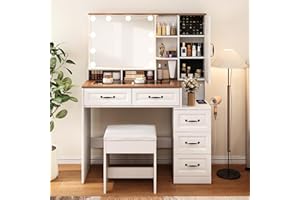 Vabches Makeup Vanity Desk with Lights and Mirror, Brown Vanity Table Set with Charging Station, Glass Top Vanity with RGB Lights, Large Mirror with 3 Lighting Modes, 5 Drawers & Cabinet, 40.7in(L)