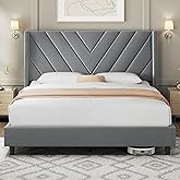 Yaheetech Queen Bed Frame Upholstered Platform Bed with Wing Side/Wooden Slat Support/Tufted Headboard with Wing Side/Mattres
