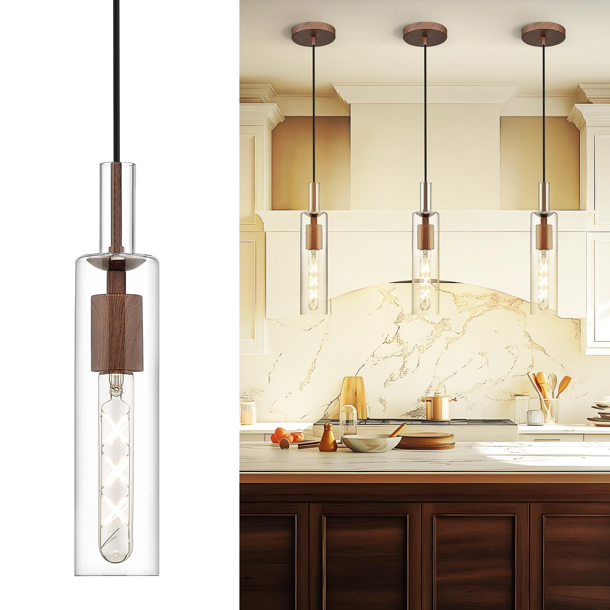Photo 1 of AUTELO Farmhouse Pendant Lights Kitchen Island, 1-Light Pendant Light Fixtures, Dark Wood Grain Hanging Lamp with Clear Cylinder Glass, Pendant Lighting for Kitchen Island, Dining Room, H3875 DW