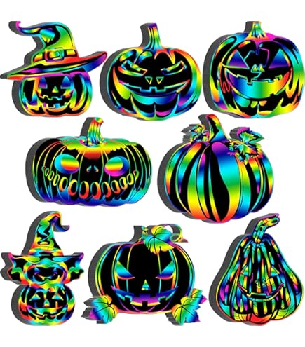 80 Piece Halloween Scratch Art Craft Kit - DIY Rainbow Scratch Cards With Sticks And Ribbons For Kids Party