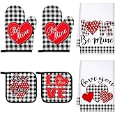 Bencailor 6 Pcs Valentine's Day Kitchen Towels Oven Mitts and Pot Holder Set 2 Pink Gnome Dish Towels 2 Resistant Oven Mitts 2 Pot Holders for Cooking Baking Dish Kitchen Accessories(Classic)
