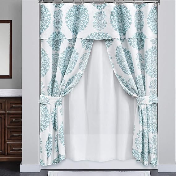 Lush Decor, Blue, Evelyn Medallion Double Swag Shower Curtain with Peva
