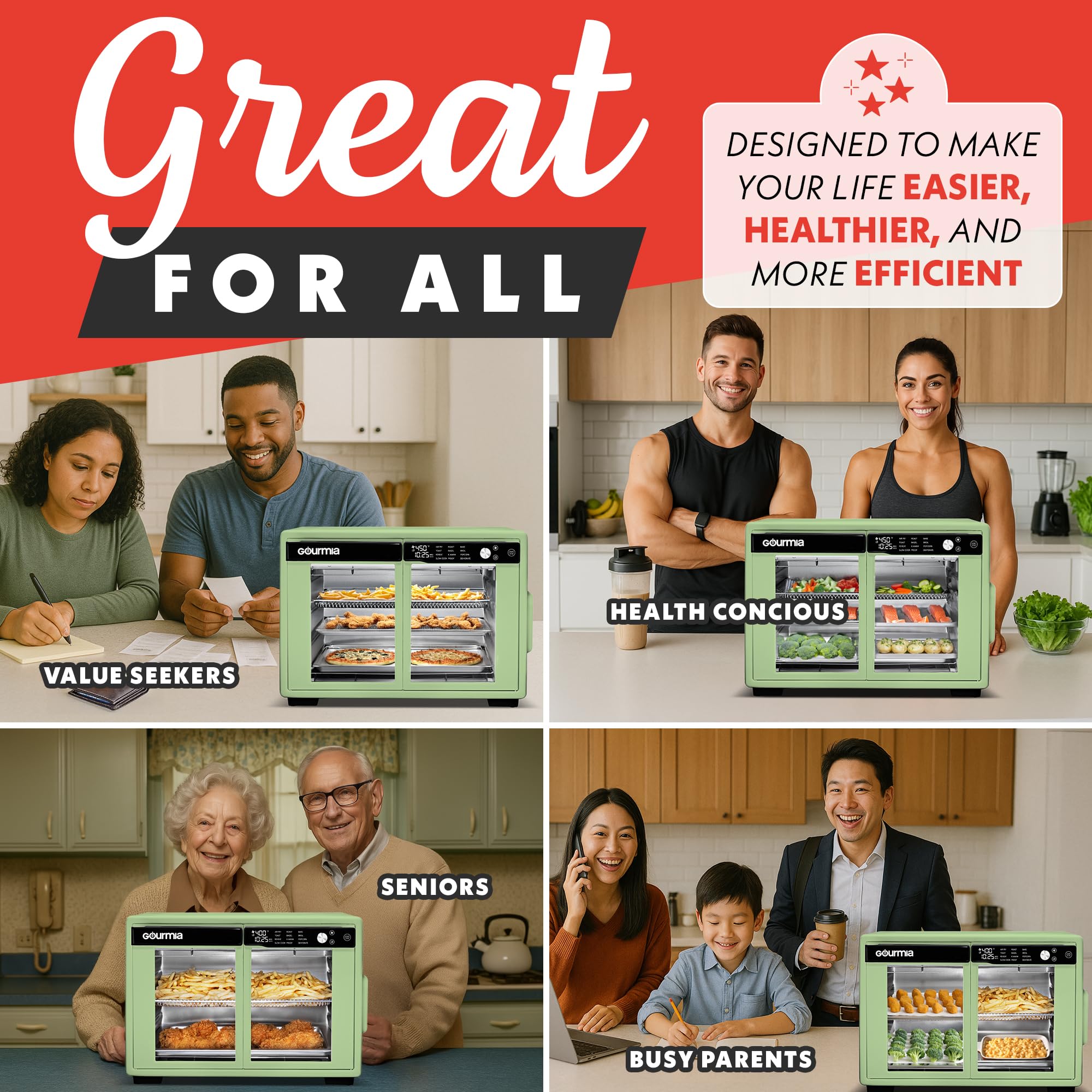 Gourmia Horno freidora de aire digital con puerta francesa - Capacidad XL 37QT, 12 presintonías, tecnología FryForce 360°, deshidratación, prueba, cocción lenta, se adapta a pizza de 13", 1700W, verde