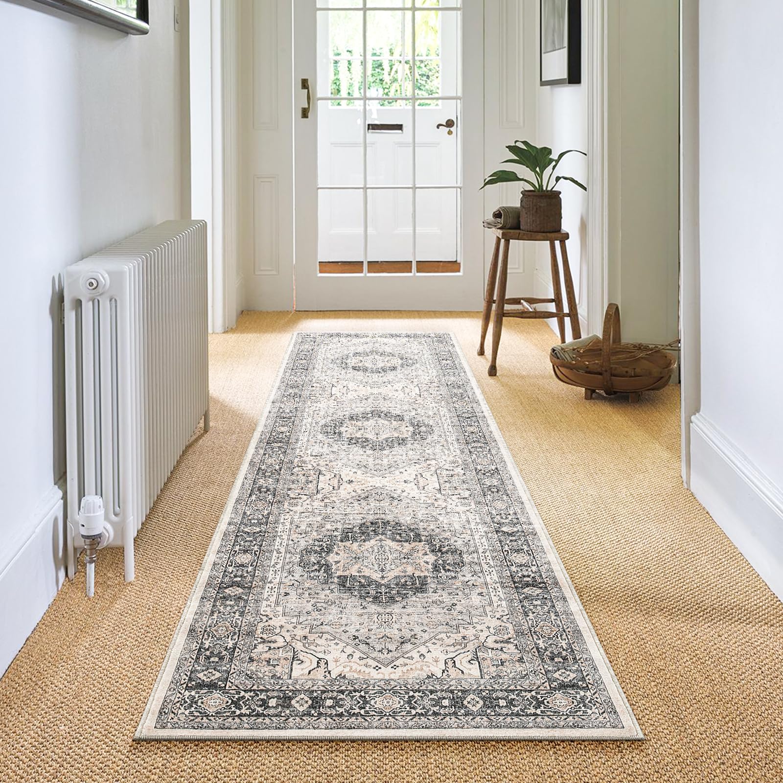 Carvapet Hallway Runner Rug 60x240cm Non Slip Long Carpet Runner Washable Grey Area Rug Soft Microfiber Vintage Medallion Floor Carpet Runner Rug for Living Room Corridor Entryway